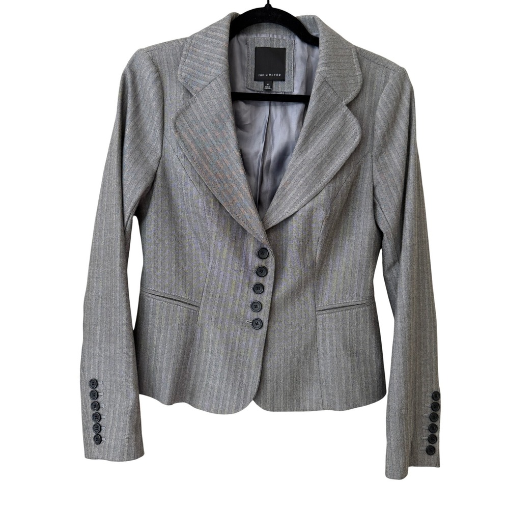 The Limited Women Y2K Herringbone Blazer Size 6 Gray Pinstripe Tailored 5-Button